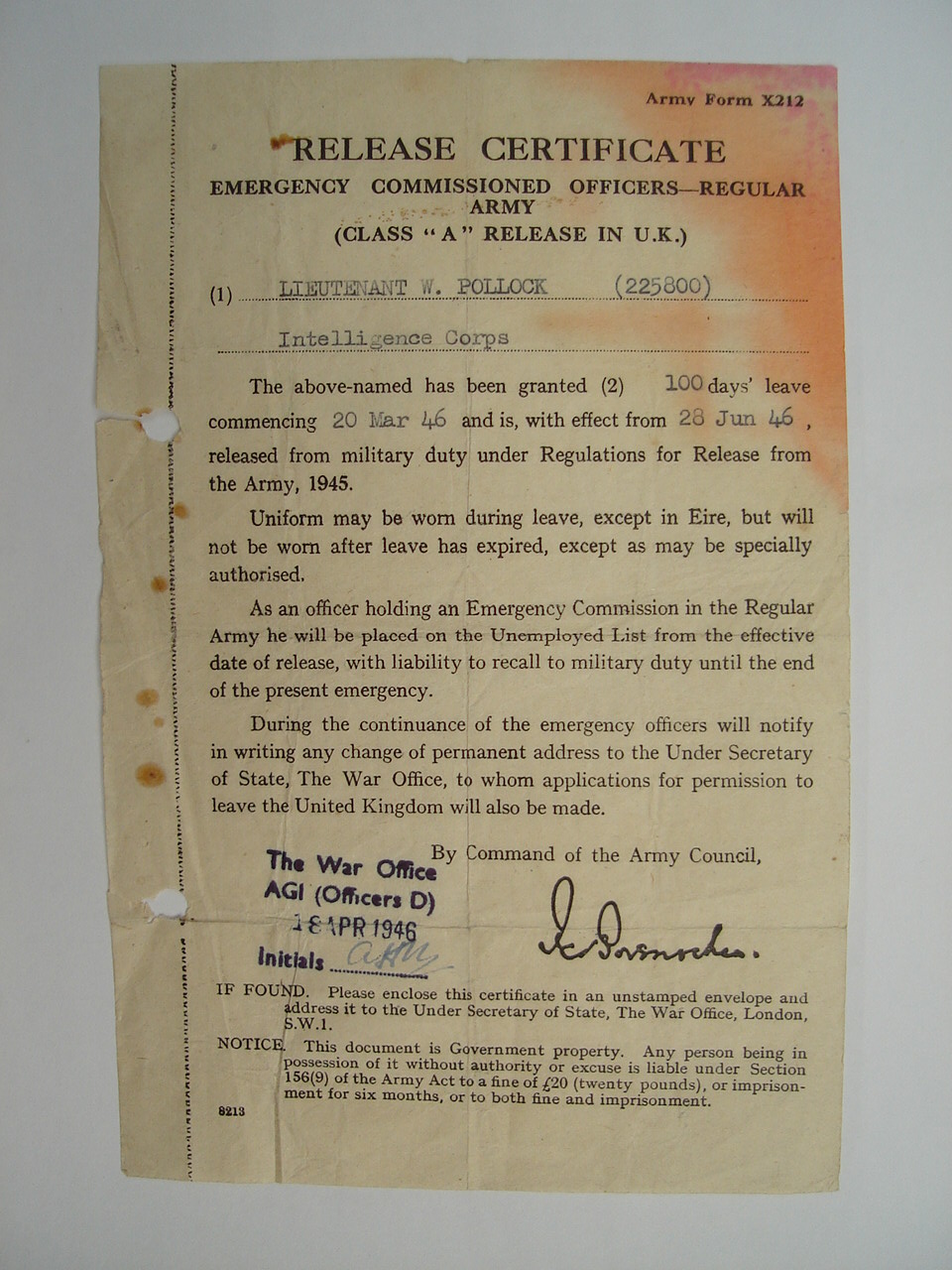 Army Release Certificate of Service Walter Pollock 1941 1946 Walter Army Release Certificate of Service Walter Pollock 1941 1946 Walter